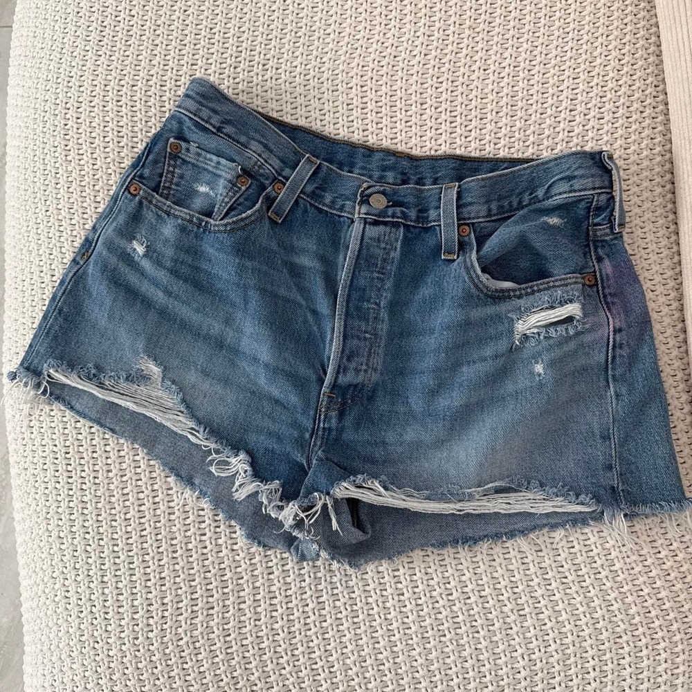 Levi's 501 Women's Denim Shorts Blue Distressed Raw Hem